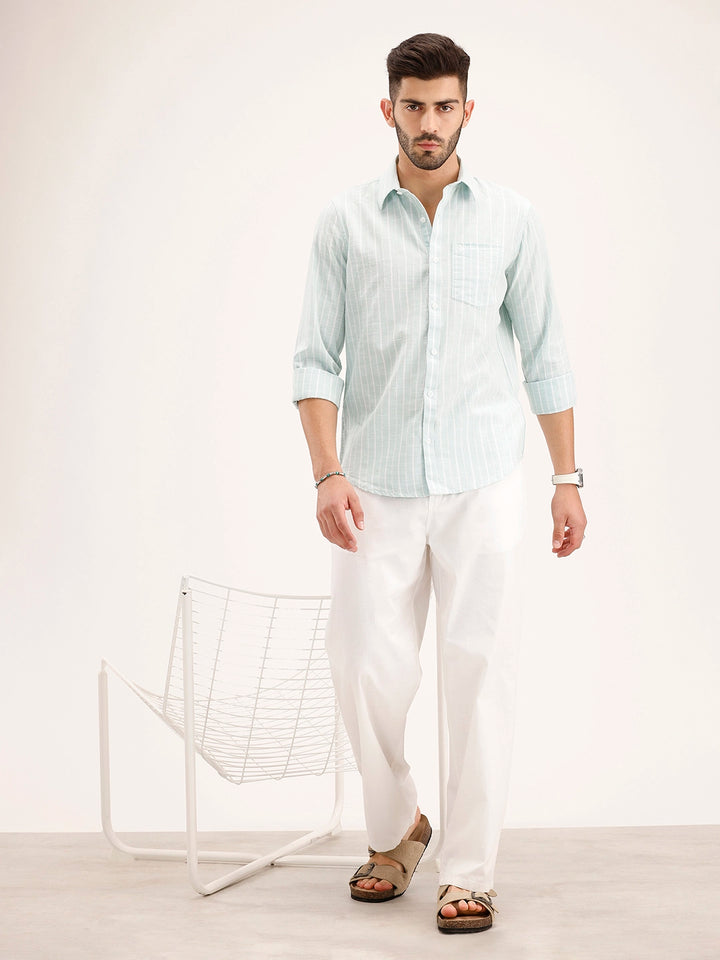 Textured Slim Fit Striped Shirt | Light Green