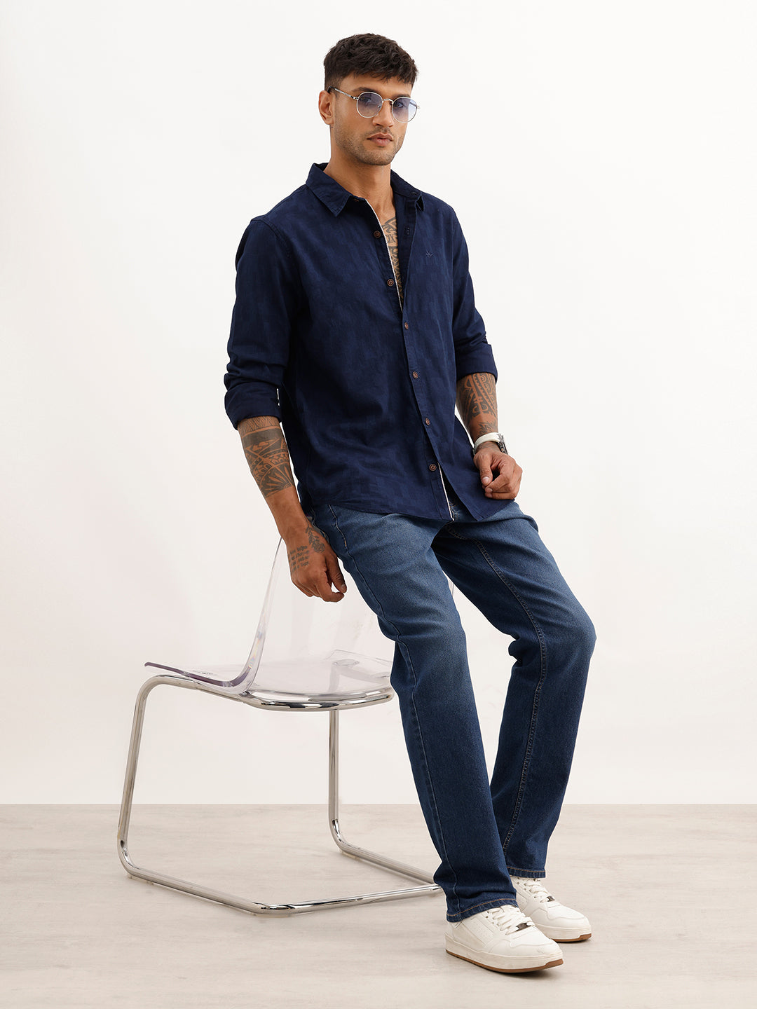 Textured Slim Fit Full Sleeve T-Shirt | Navy Blue
