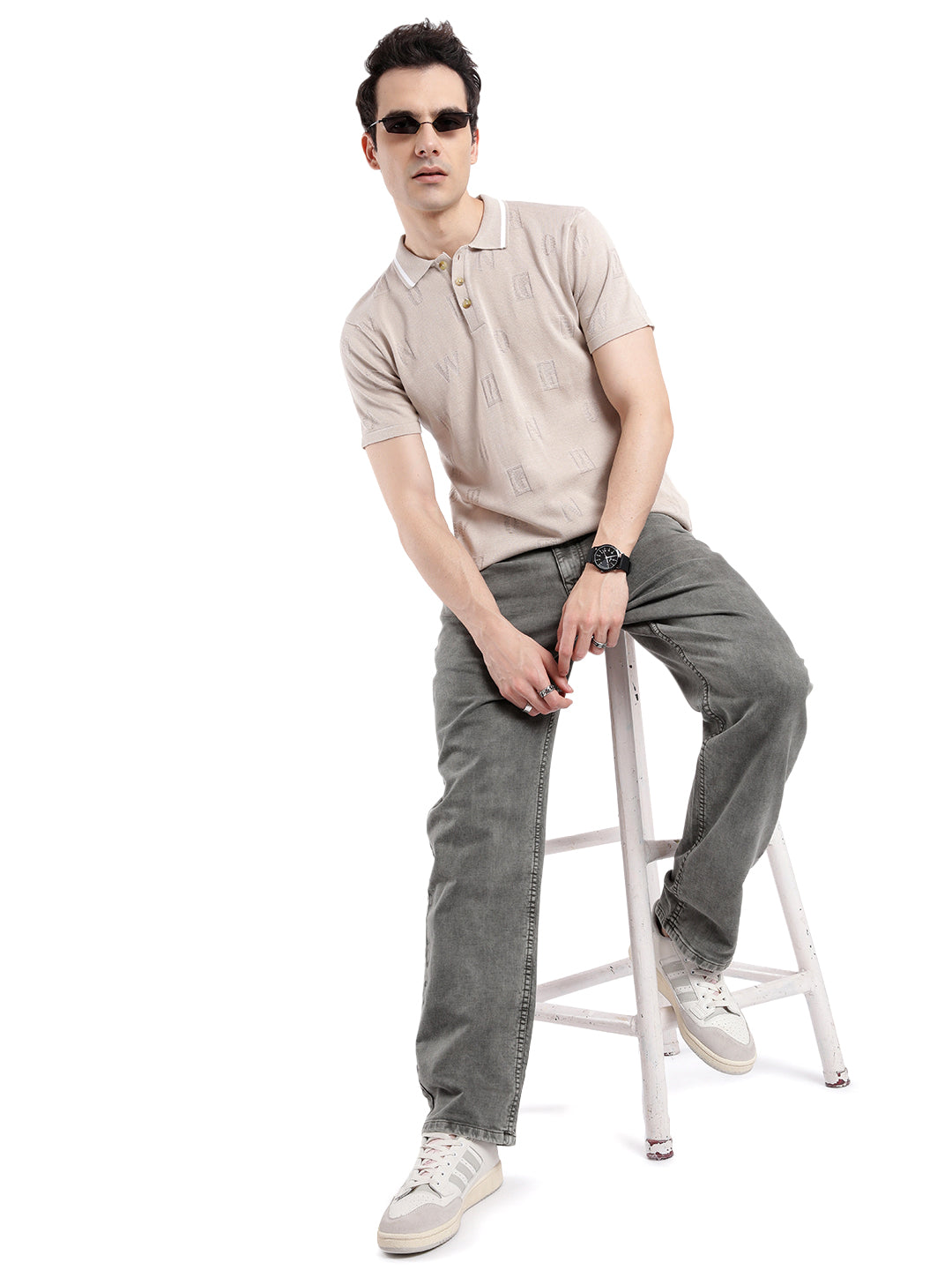 Beige Jacquard Knit Polo T-Shirt