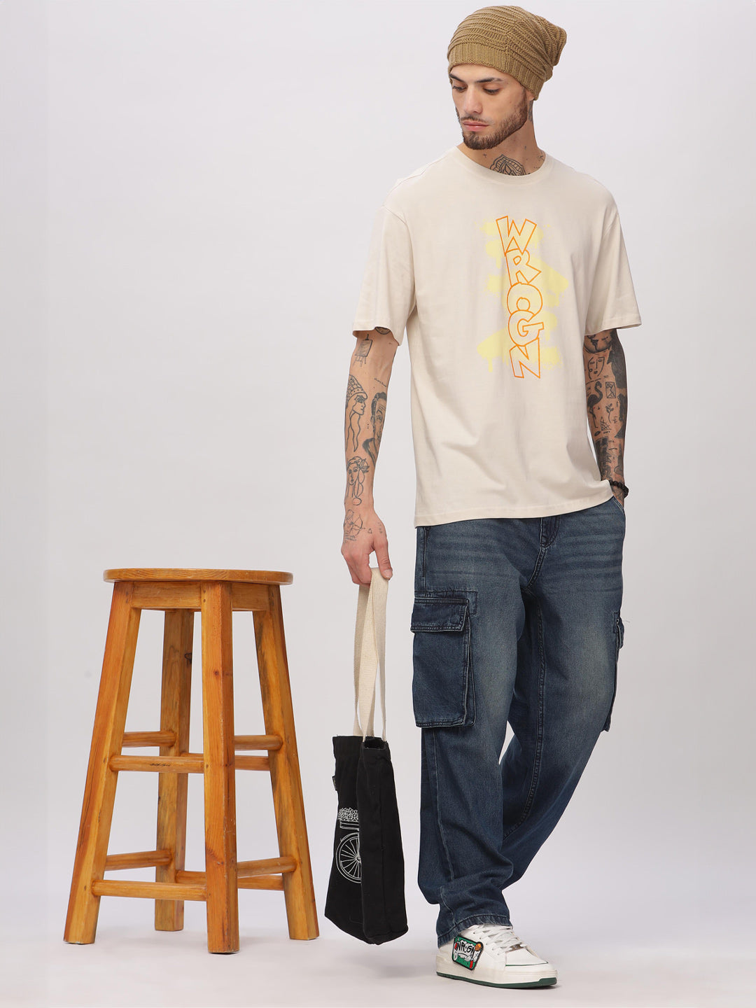 Wrogn Spray Print Oversized Beige T-Shirt