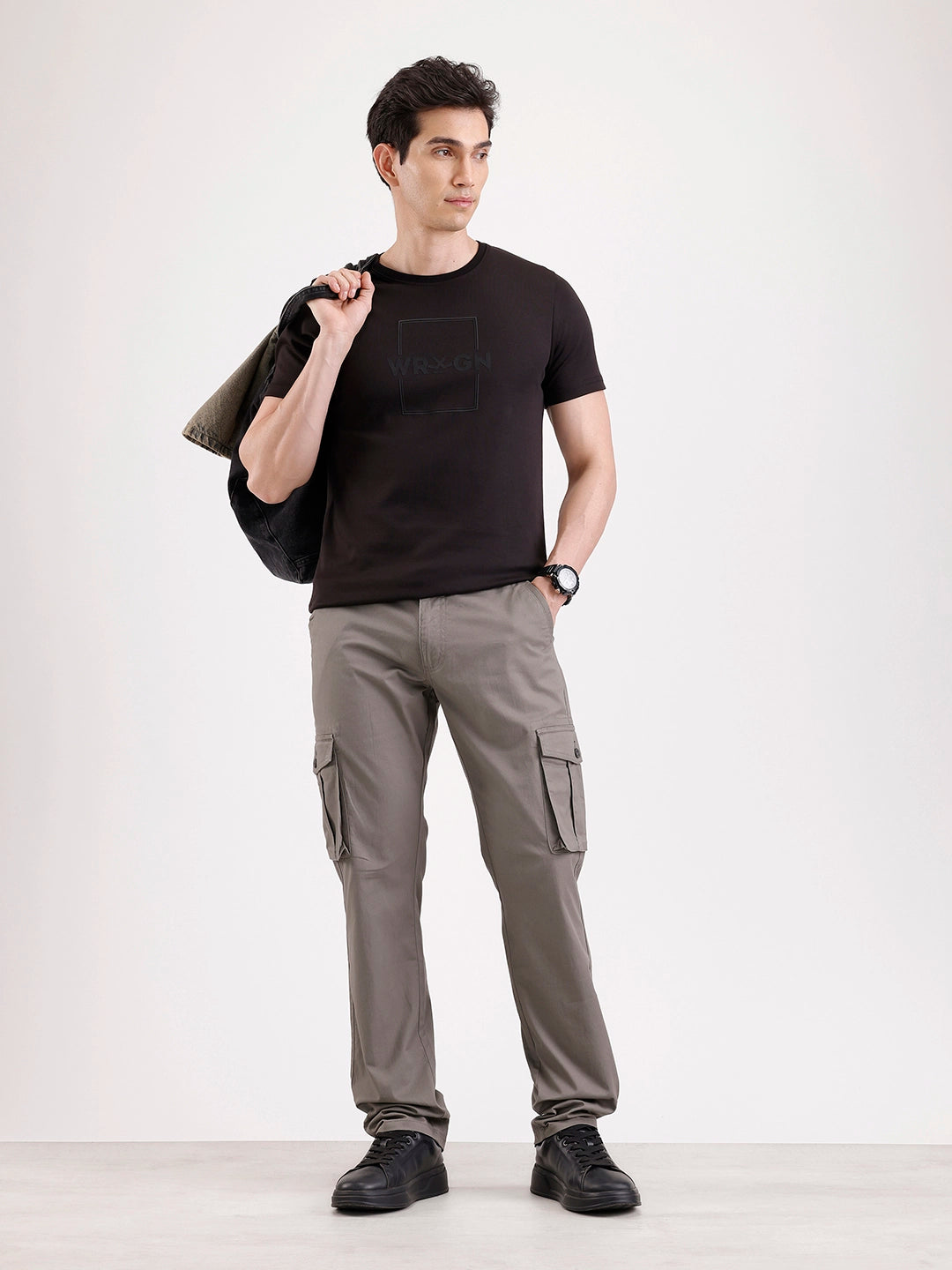 Solid Straight Fit Cargo Trouser   |  Grey