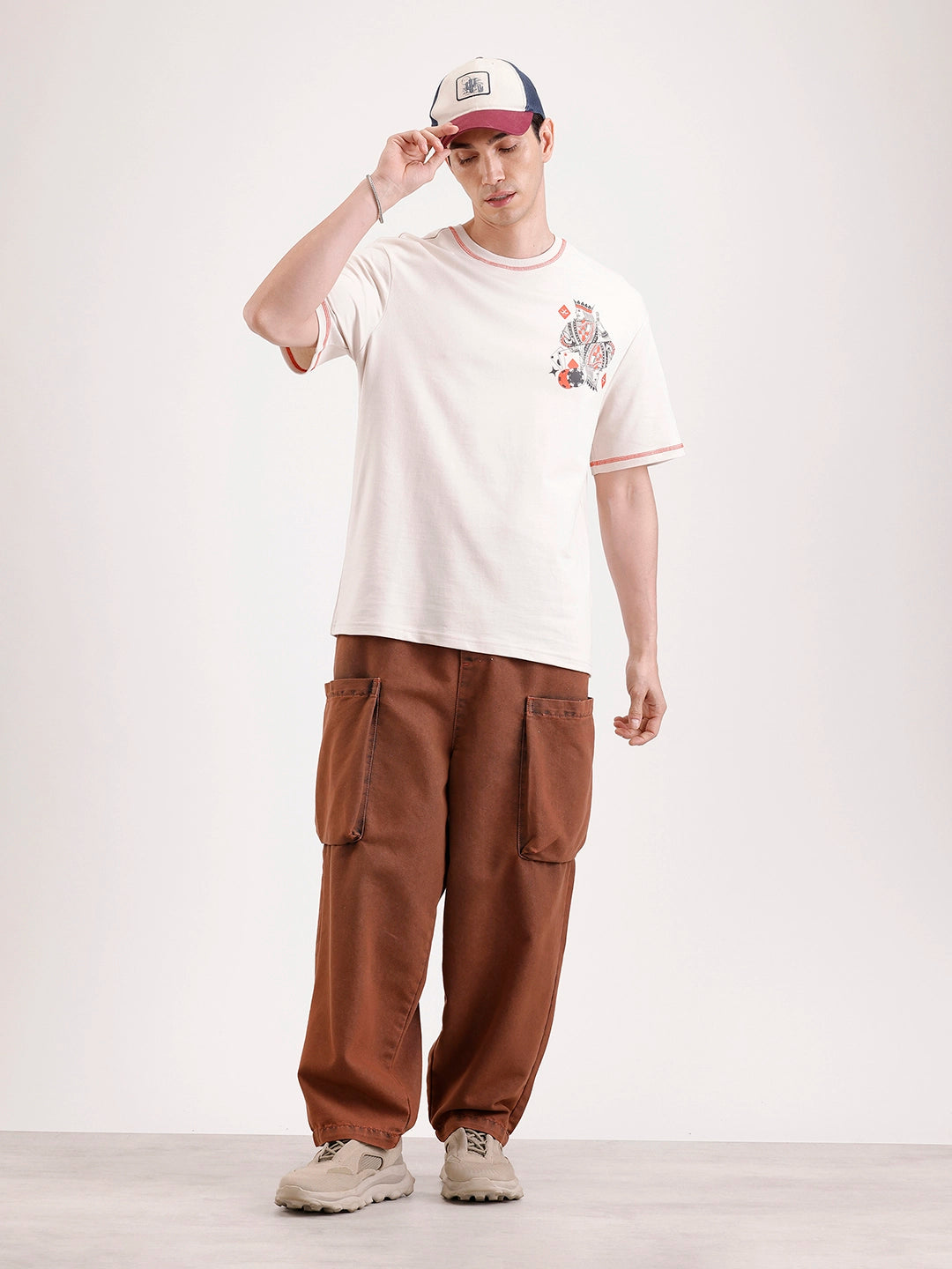 Placement Printed Oversized T-Shirt   |  Beige