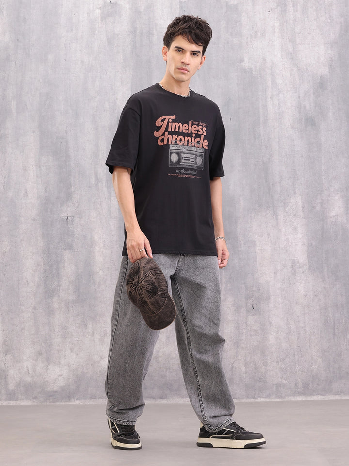 Retro Graphic Printed Oversized Fit Tshirt | Black