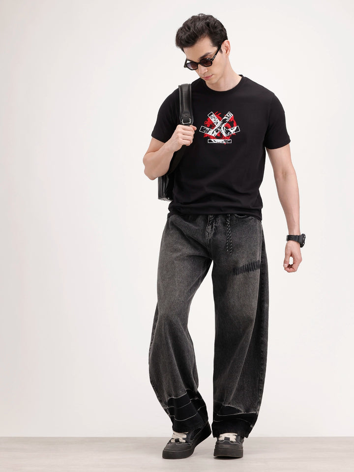 Slim Fit Foil Printed T-Shirt | Black