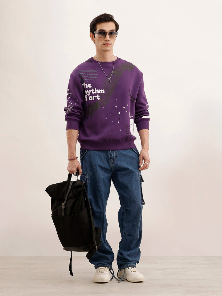 Oversized Placement Printed Sweatshirt | Purple