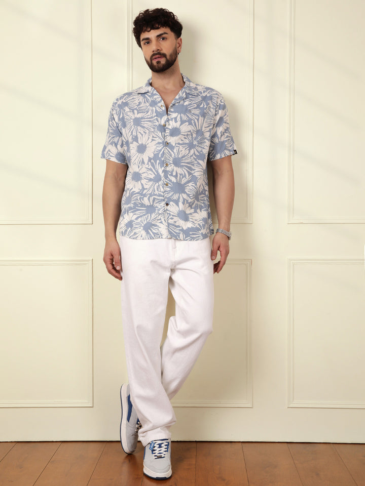 Floral AOP Viscose Slub Shirt | Blue