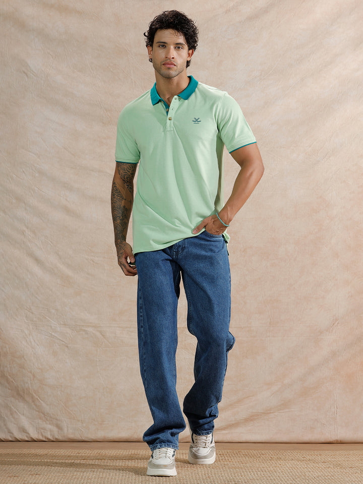 Tonal Collar Slim Fit Polo T-Shirt | Light Green