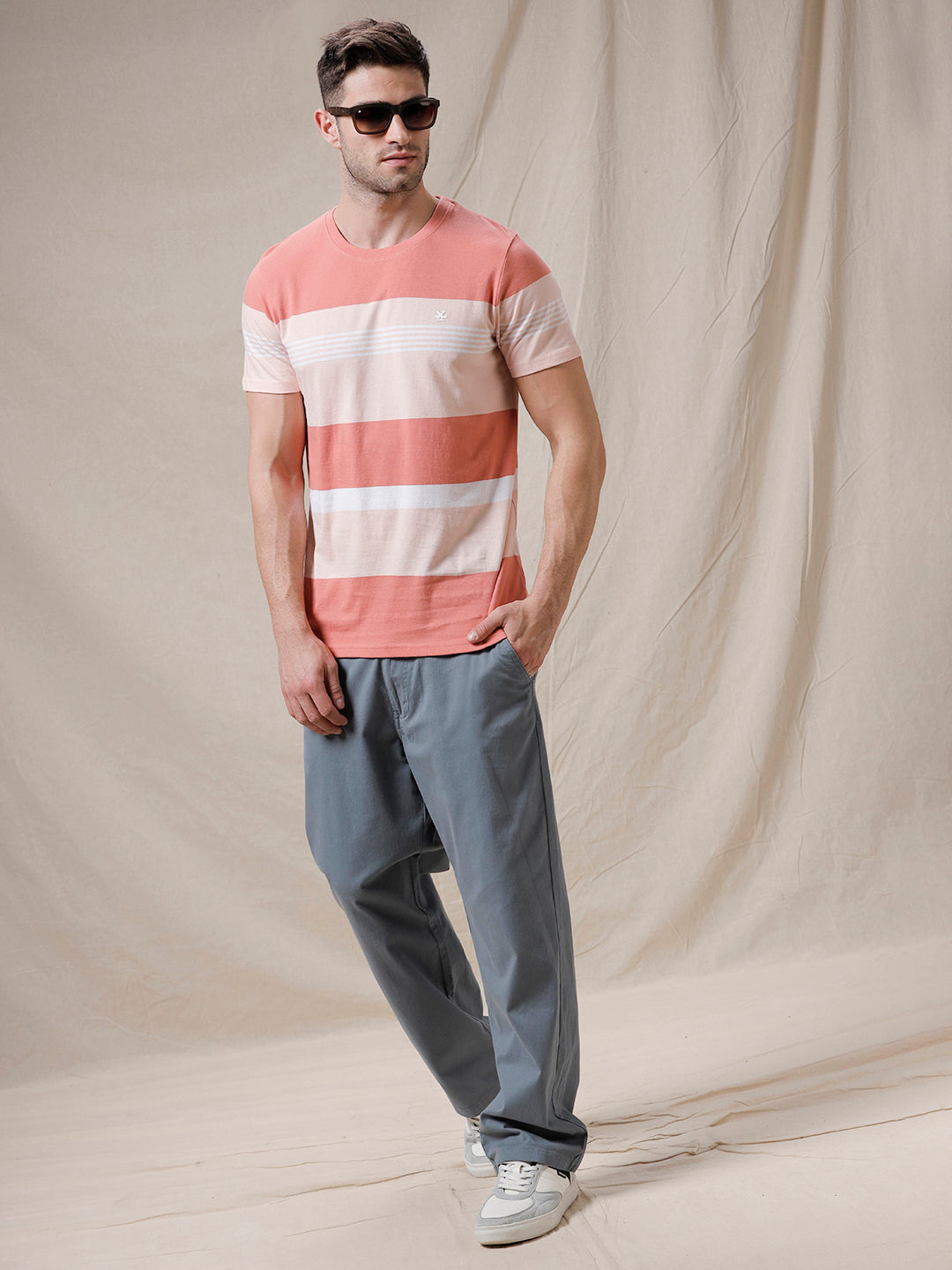 Slim Fit Stripes Coral T-Shirt