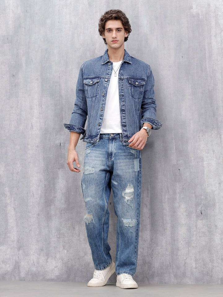 Slim Fit Wrogn Appliqued Denim Jacket  | Med Stone