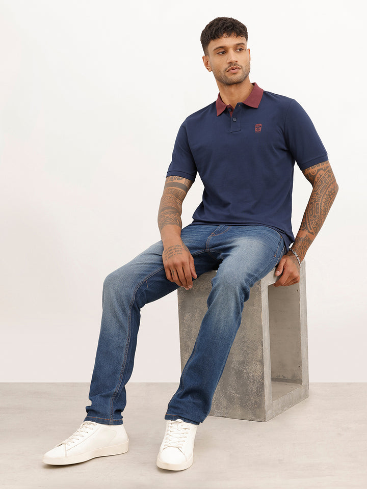 Slim Fit Contrast Collar Polo T-Shirt | Navy Blue