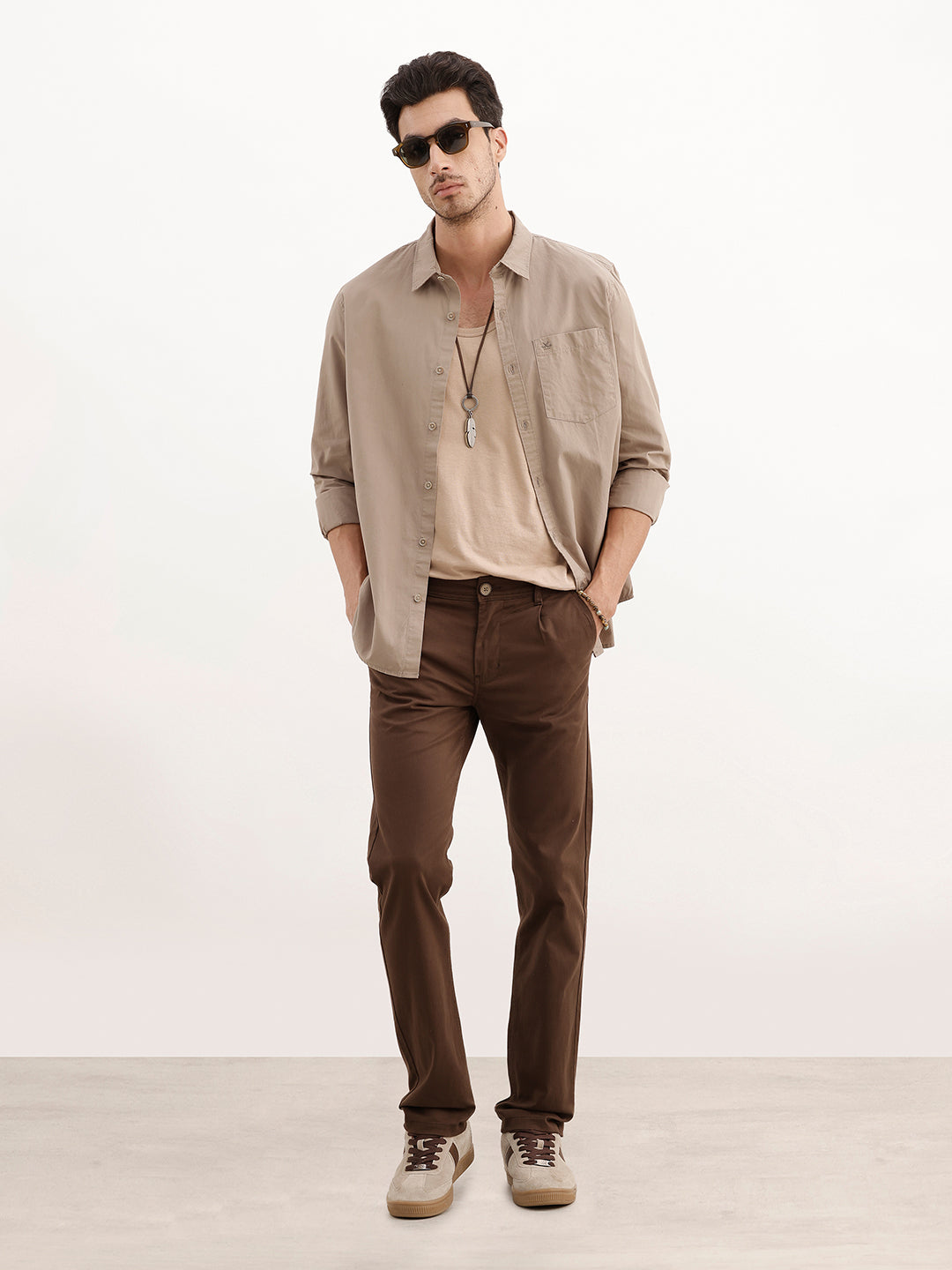 Solid Slim Fit Pleated Trouser | Brown | WTR0100SL5054M
