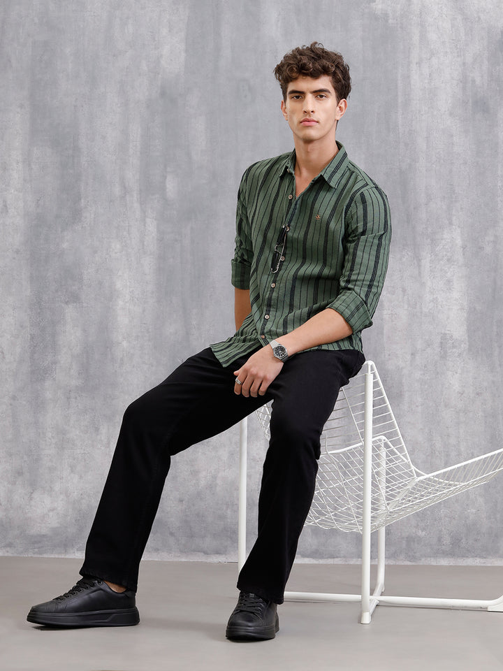 Slim Fit Stripe Shirt In Chenille Yarn | Olive
