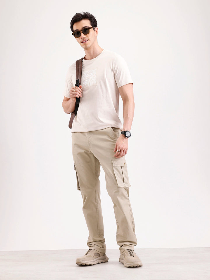 Solid Straight Fit Cargo Trouser   |  Beige