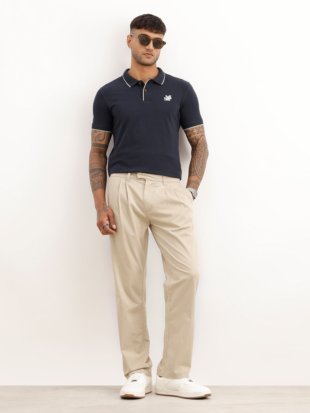 Solid Anti Fit Double Pleated Trouser | Beige