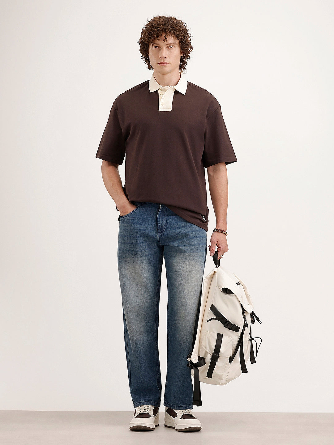 Oversized Contrast Collar T-Shirt | Brown