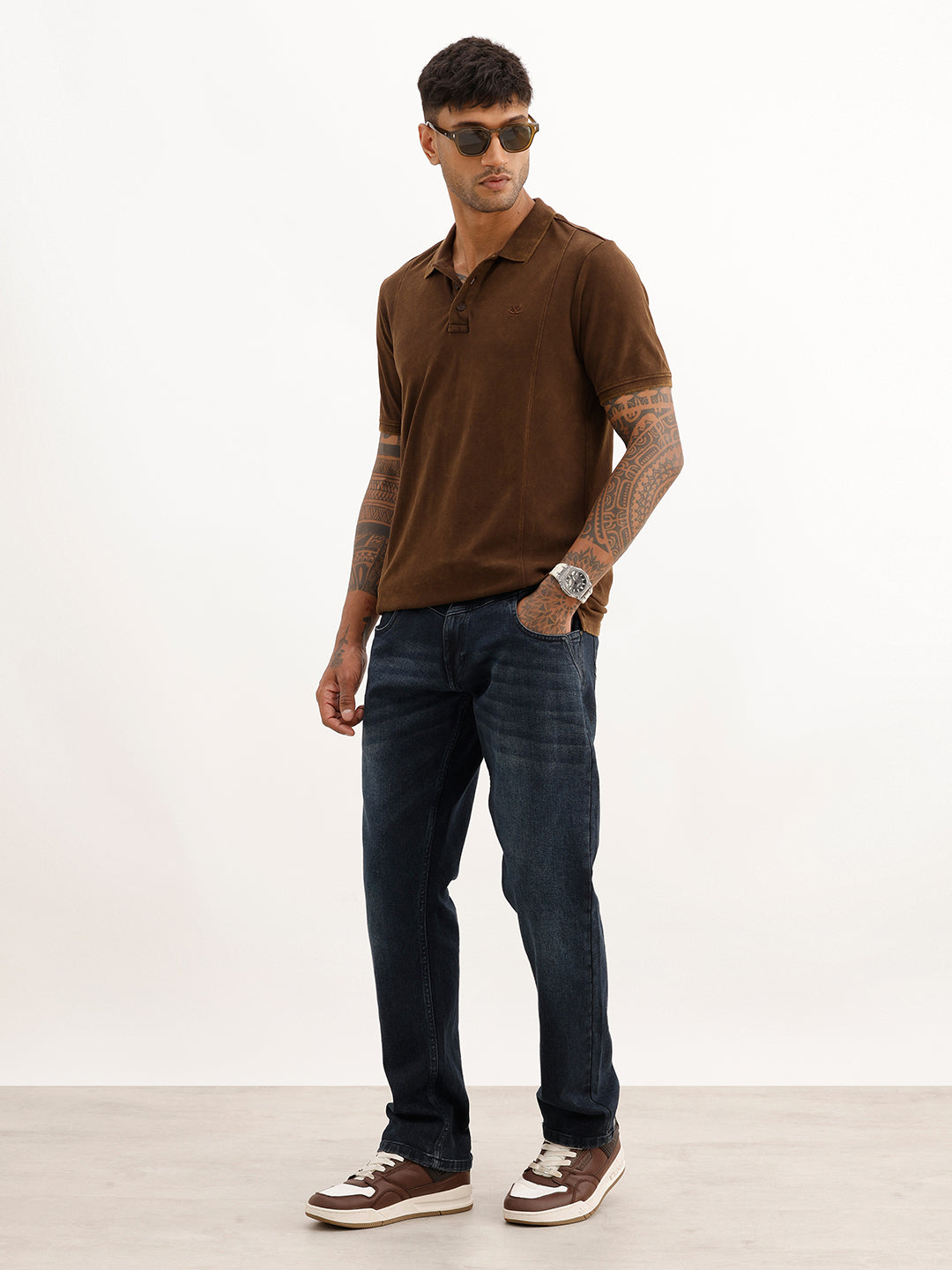 Washed Slim Fit Cut & Sew Polo T-Shirt | Brown