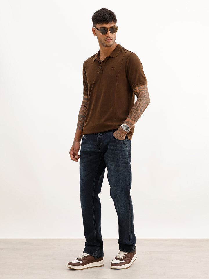 Washed Slim Fit Cut & Sew Polo T-Shirt | Brown