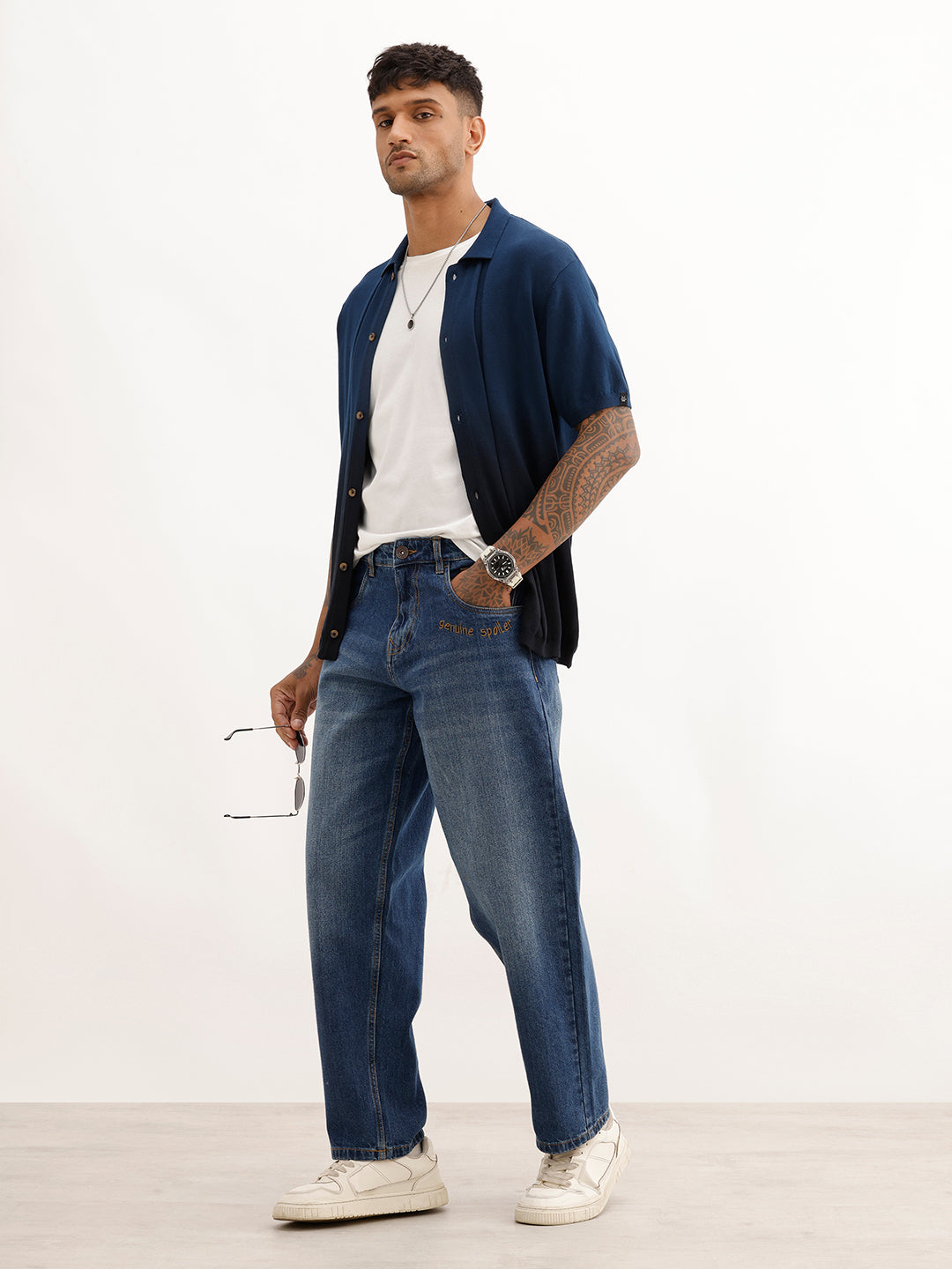 Loose Fit Embroidery Detail Denim Jeans | Blue