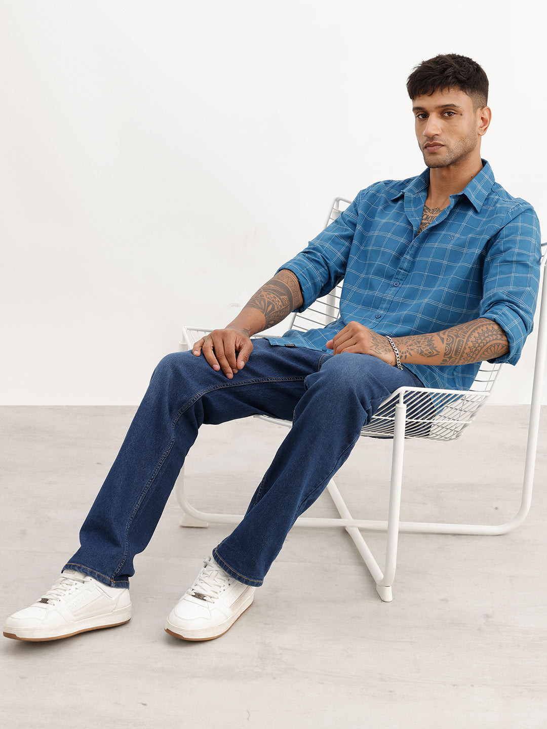 Slim Fit Checkered Full Sleeve Shirt | Blue