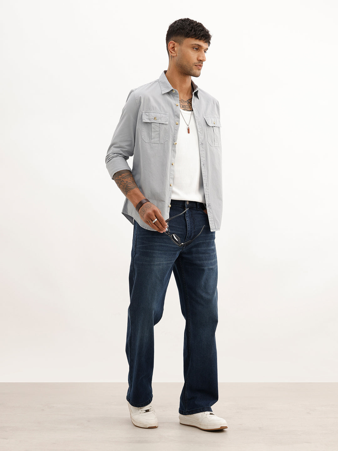 Solid Slim Fit Double Pocket Shirt | Grey