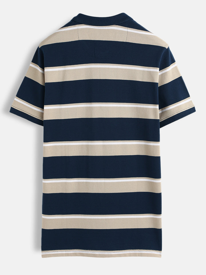 Yarn Dyed Striped Polo T-Shirt | Navy Blue