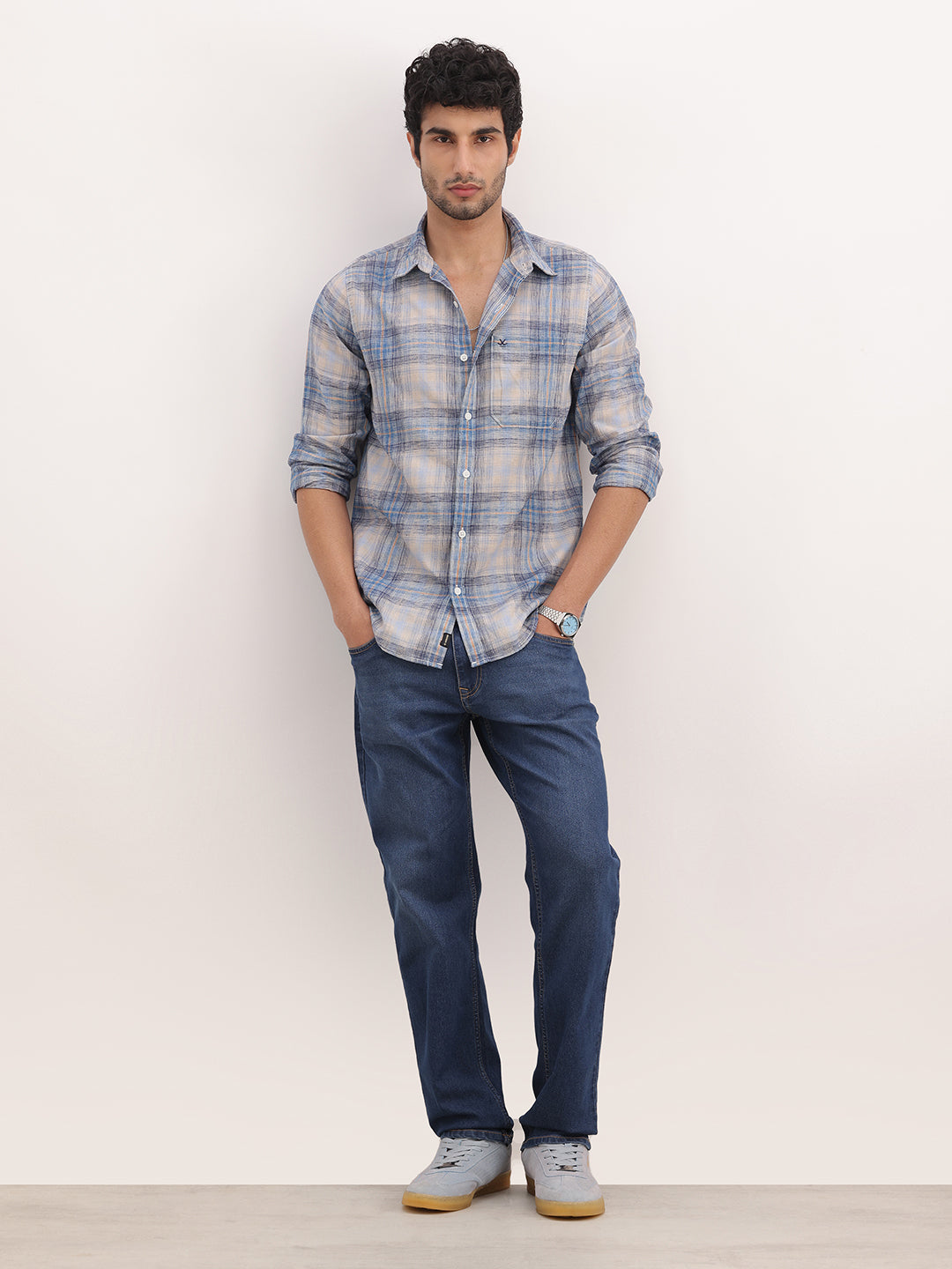 Slim Fit Checkered Full Sleeve Shirt | Blue