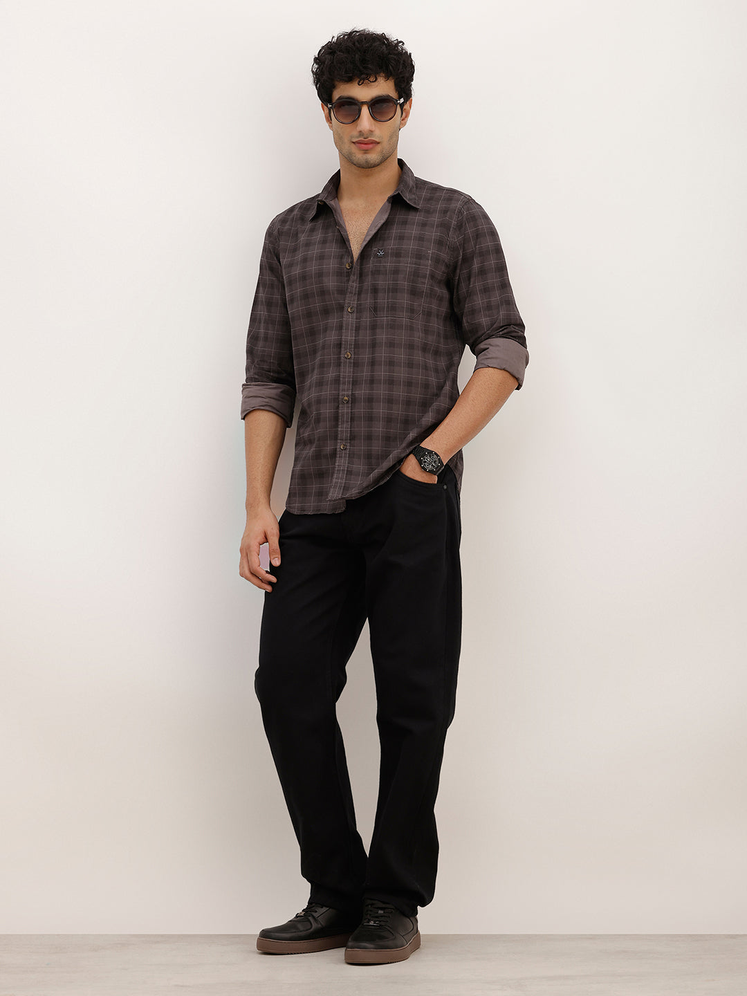 Slim Fit Checkered Full Sleeve Shirt | Dark Grey