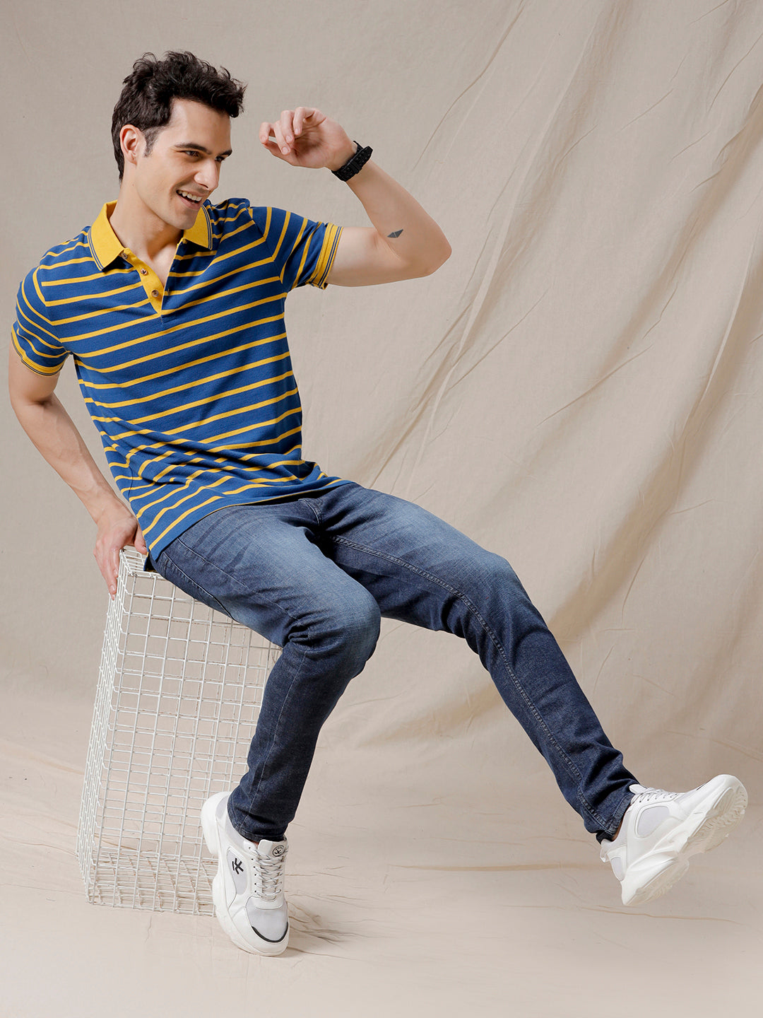 Yellow On Blue Striped Polo T-Shirt