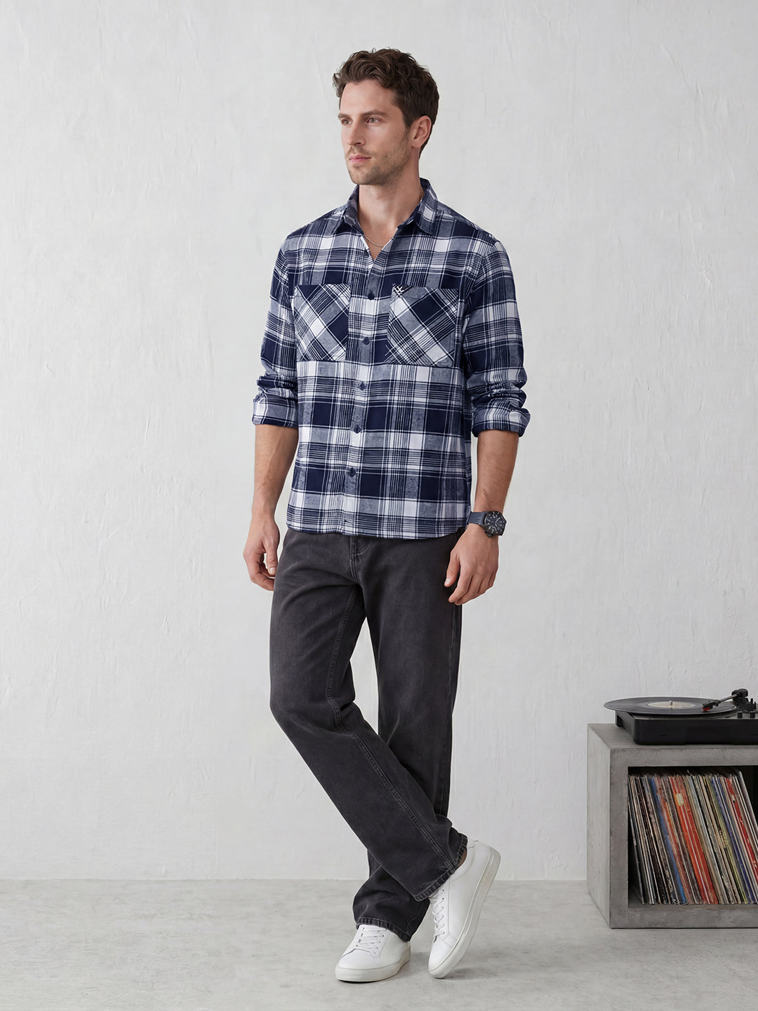 Men's casual checkered pattern double pocket shirt | Blue