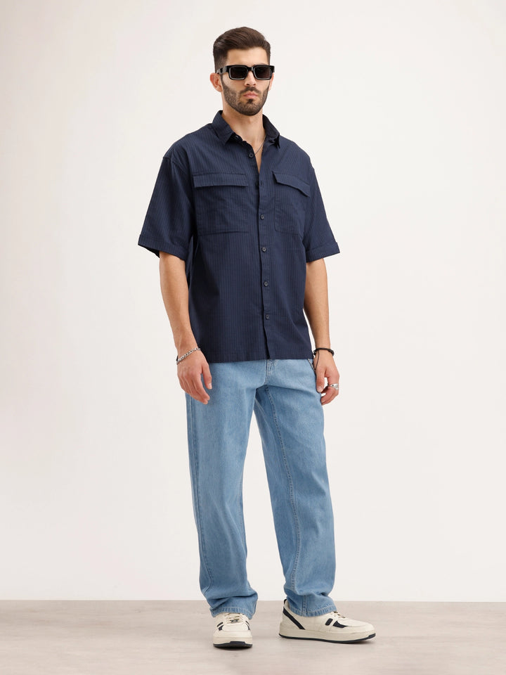 Oversized Linen Blend Striped Shirt | Navy