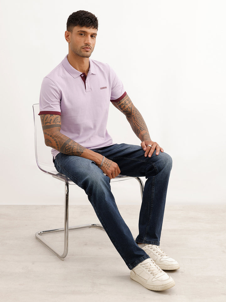 Solid Contrast Sleeve Polo T-Shirt | Purple