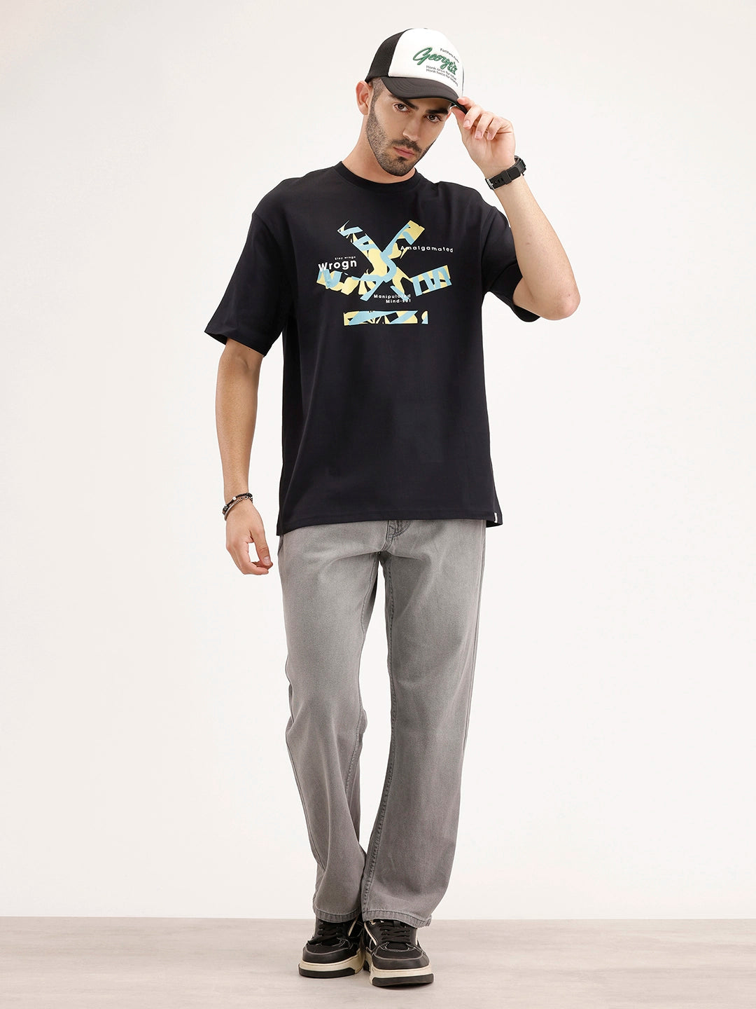 Oversized Fit Placement Printed T-Shirt | Black
