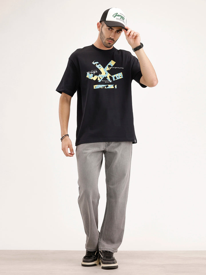 Oversized Fit Placement Printed T-Shirt | Black