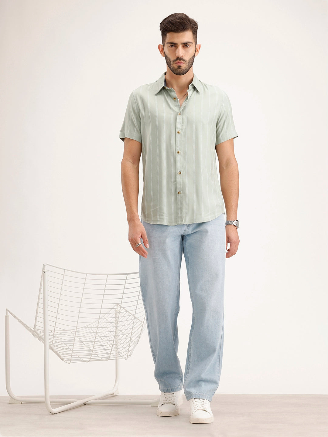 Slim Fit Striped Half Sleeve Shirt | Green