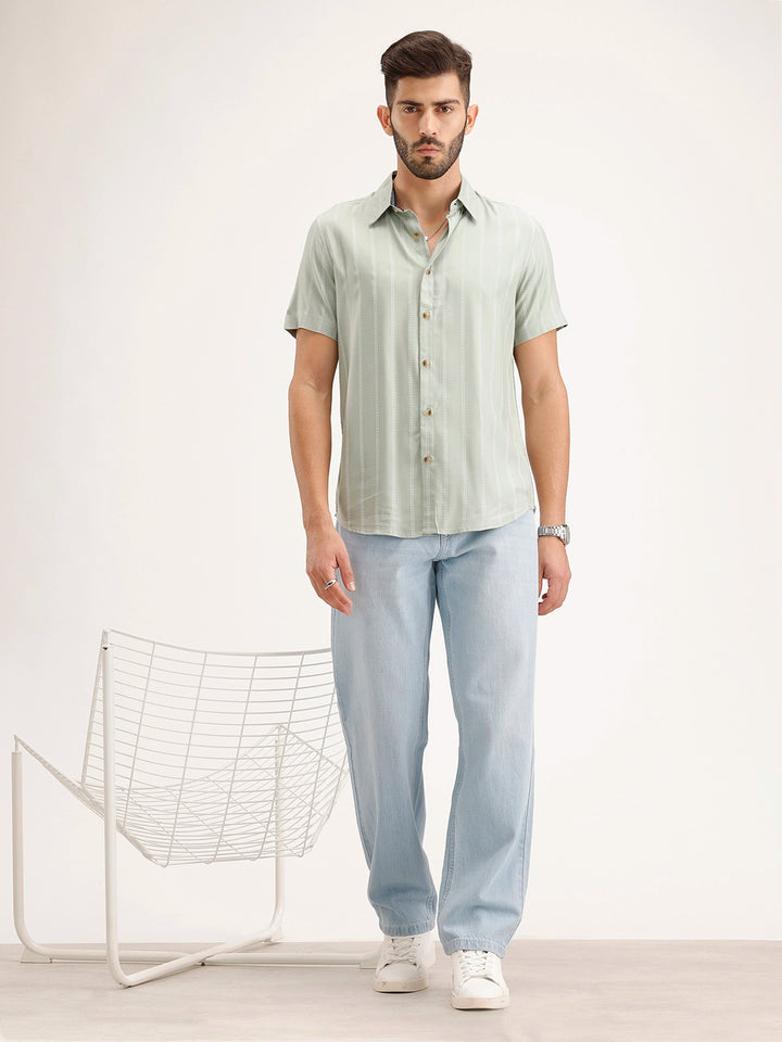 Slim Fit Striped Half Sleeve Shirt | Green