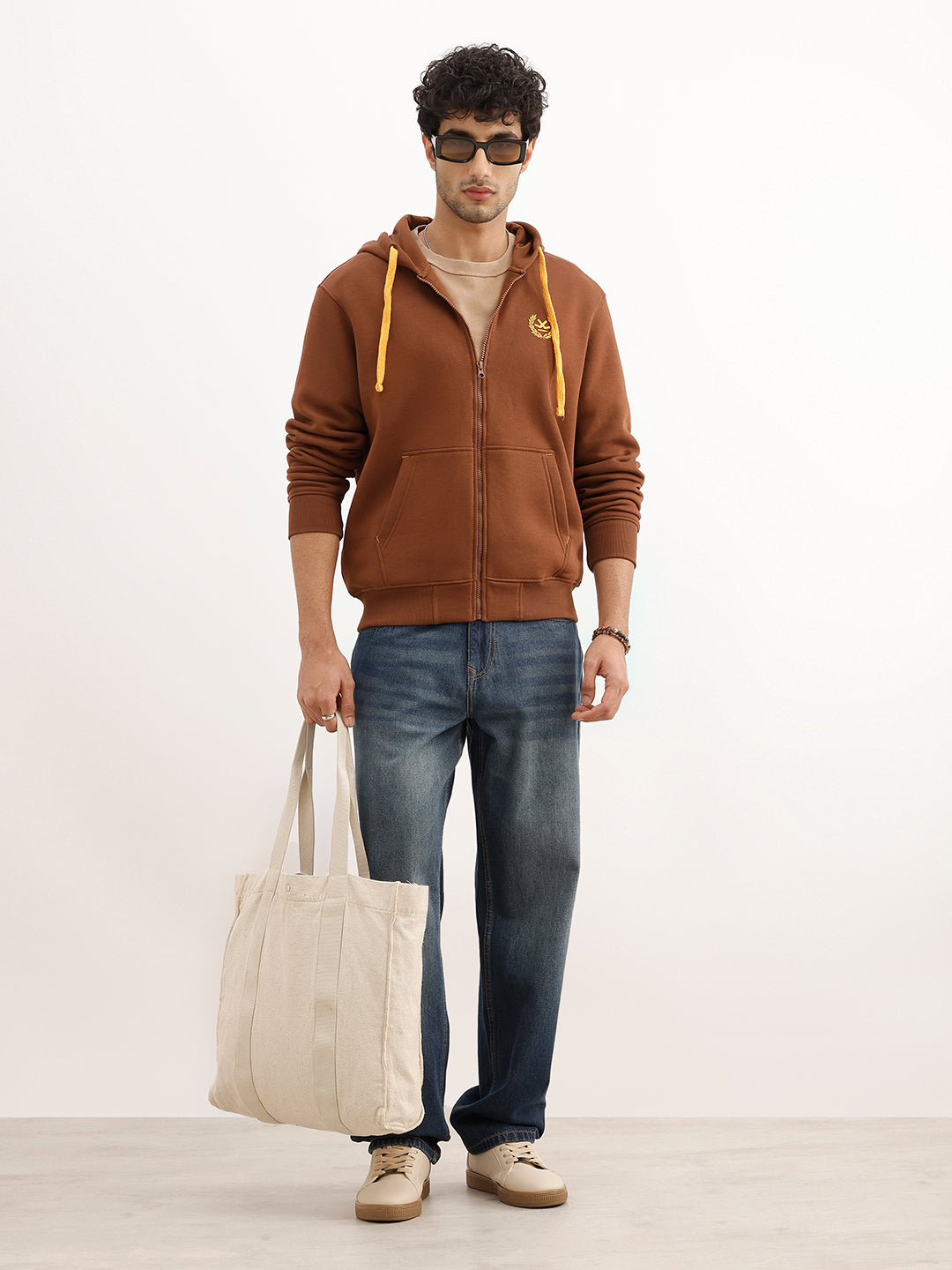 Classic Printed Zipper Hooded Sweatshirt | Brown