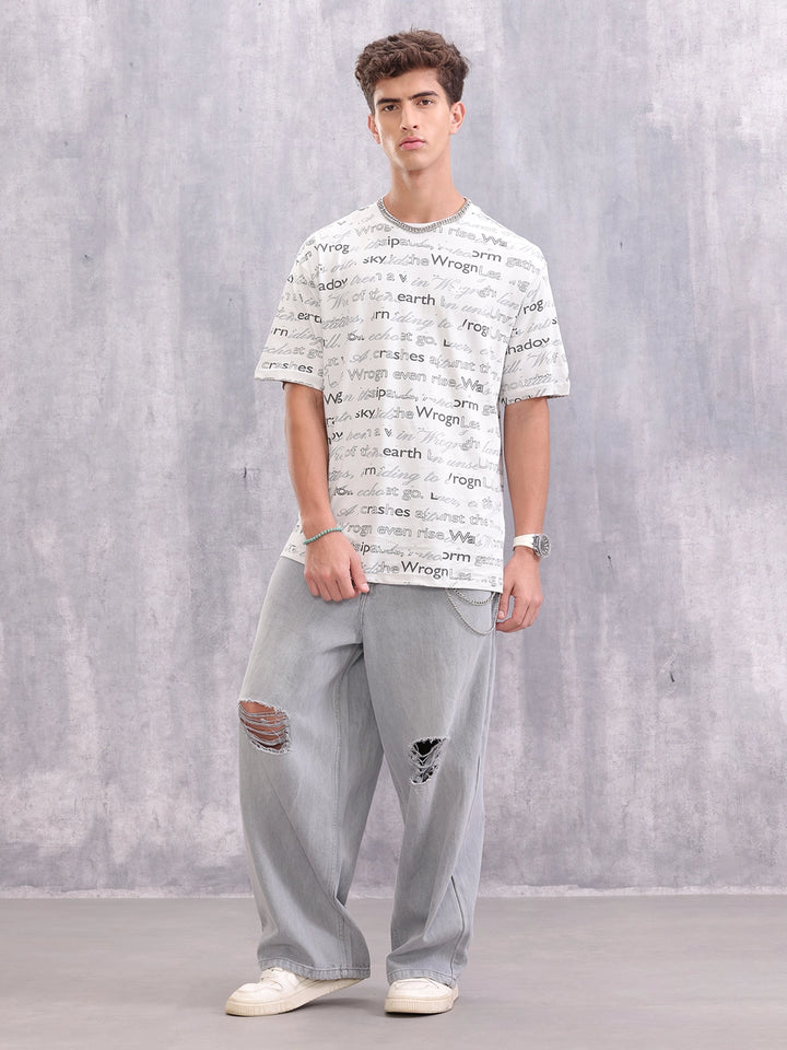 Typo Inspired Aop Oversized Fit T-shirt | Light Grey