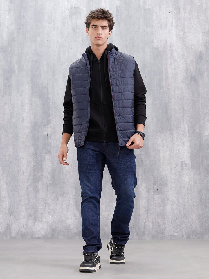 Men's Solid Casual Puffer Jacket  | Navy Blue