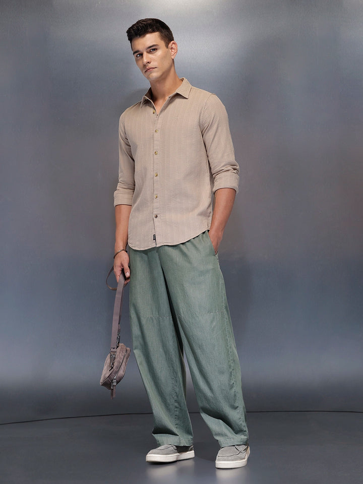 Men's textured full sleeve shirt with subtle pattern | Beige