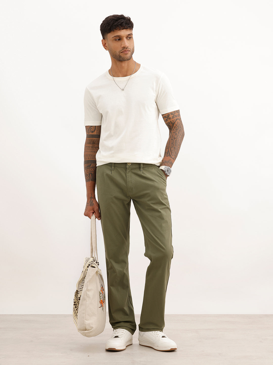 Solid Regular Fit Cotton Trouser | Olive