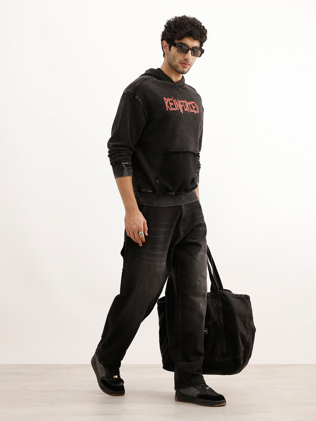 Washed Oversized Placement Printed Hooded Sweatshirt | Black