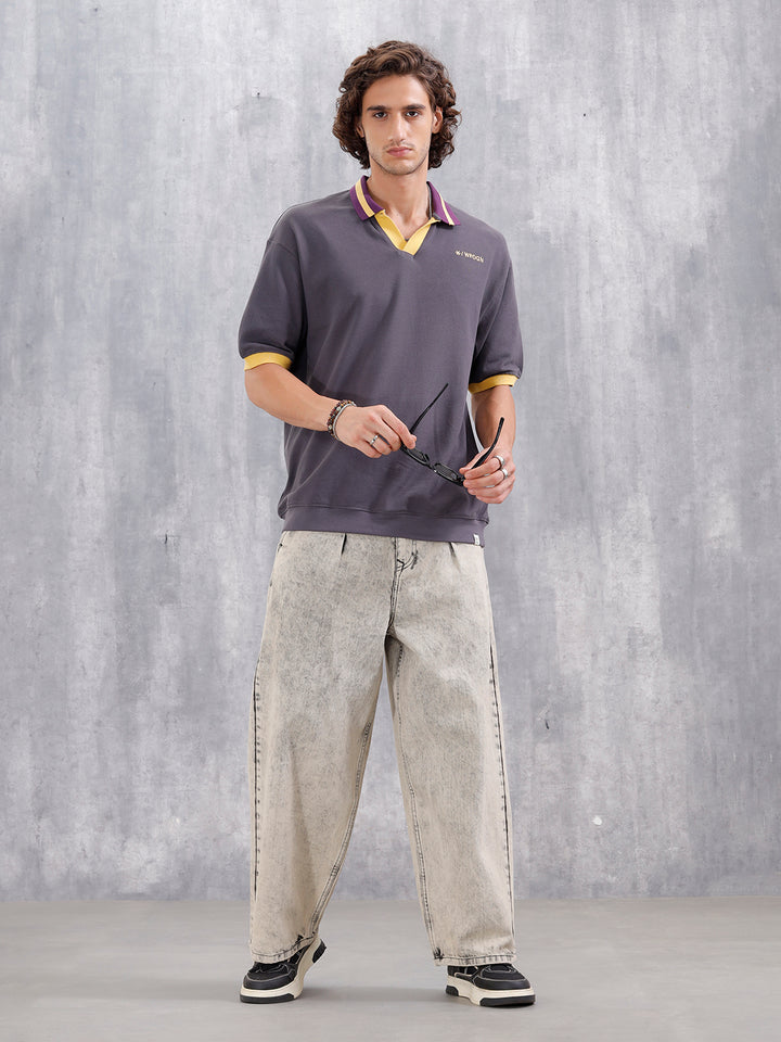 Oversized Johnny Collar Polo T-Shirt With Contrast Collar | Dark Grey