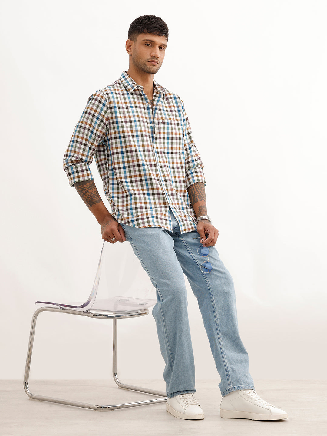 Regular Fit Full Sleeve Checkered Shirt | White
