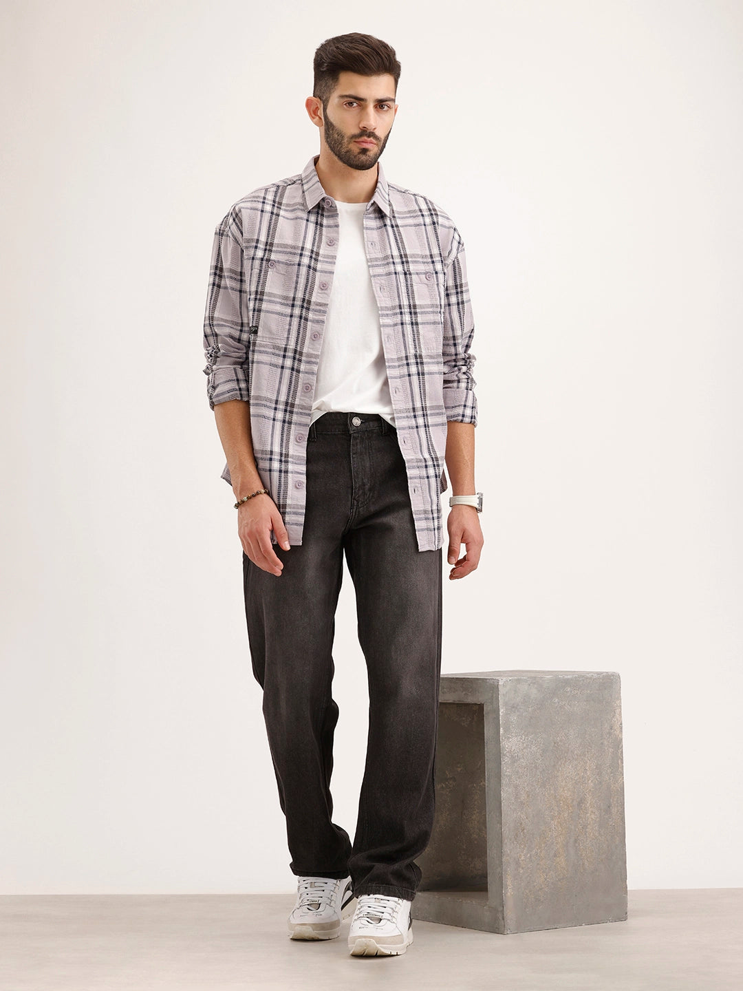 Textured Oversized Fit Double Pocket Shirt | Purple