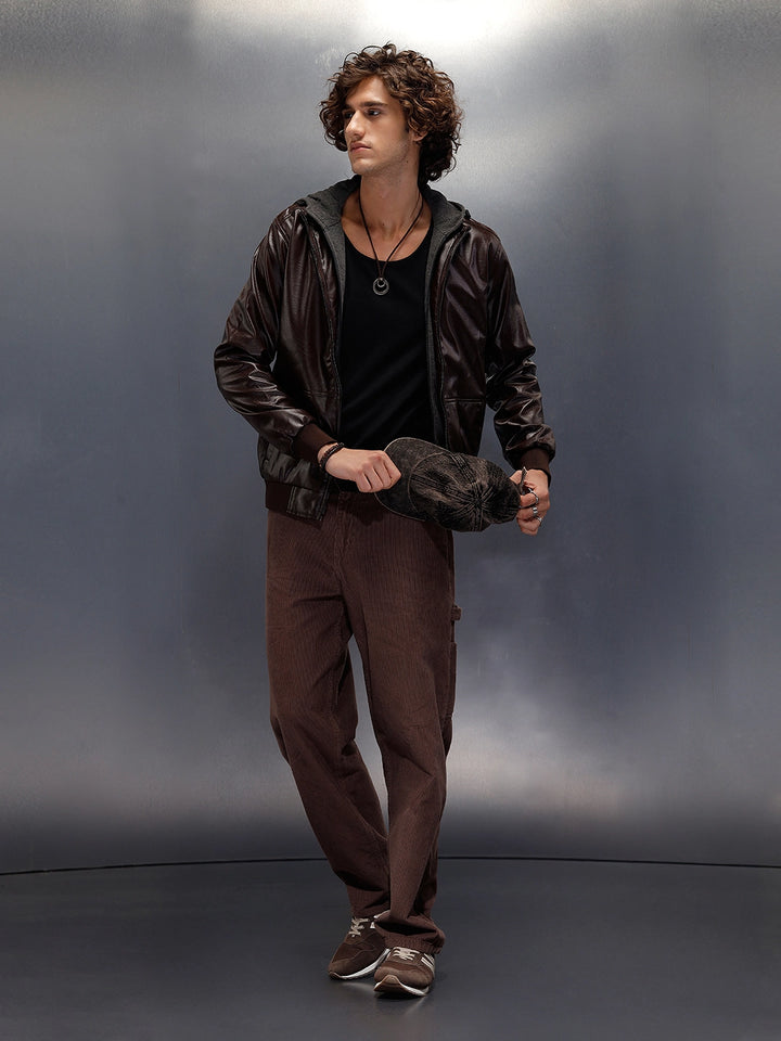 Faux Leather Mock Layer Hooded Jacket | Dark Brown