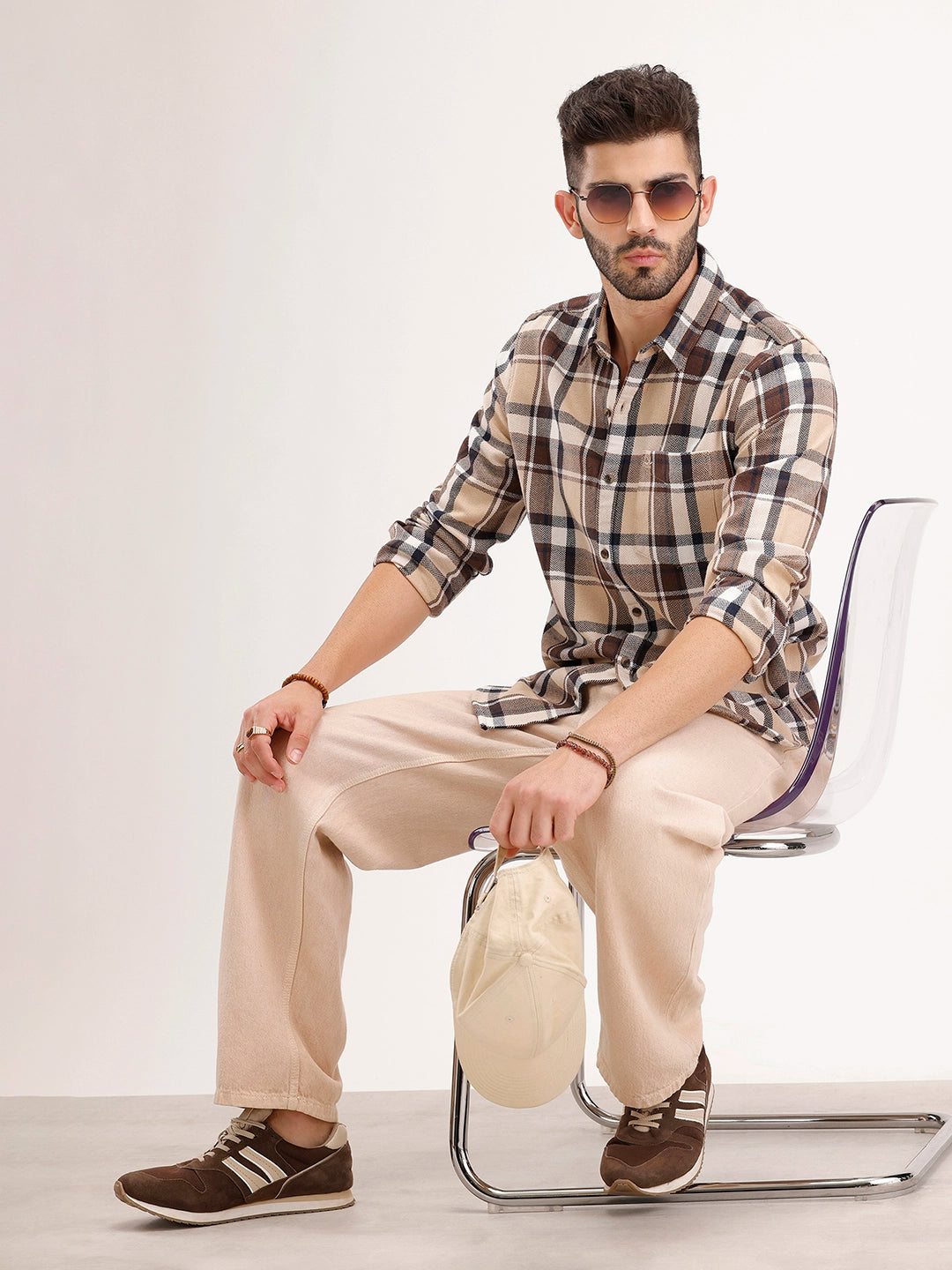 Slim Fit Herringbone Checkered Shirt | Brown
