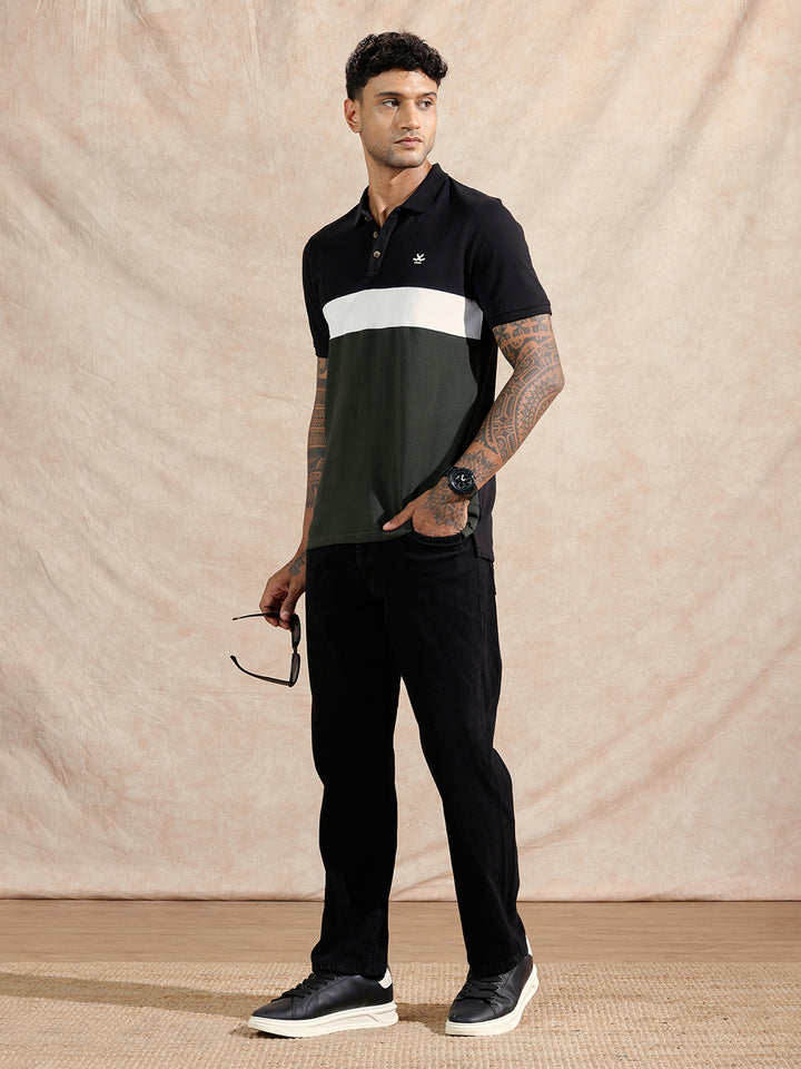 Cut & Sew Polo T-Shirt | Black & Olive