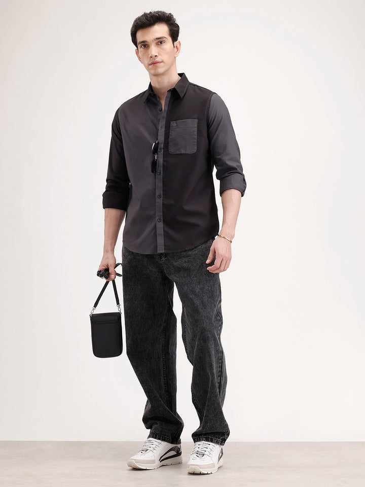 Slim Fit Pannel Printed Shirt | Grey