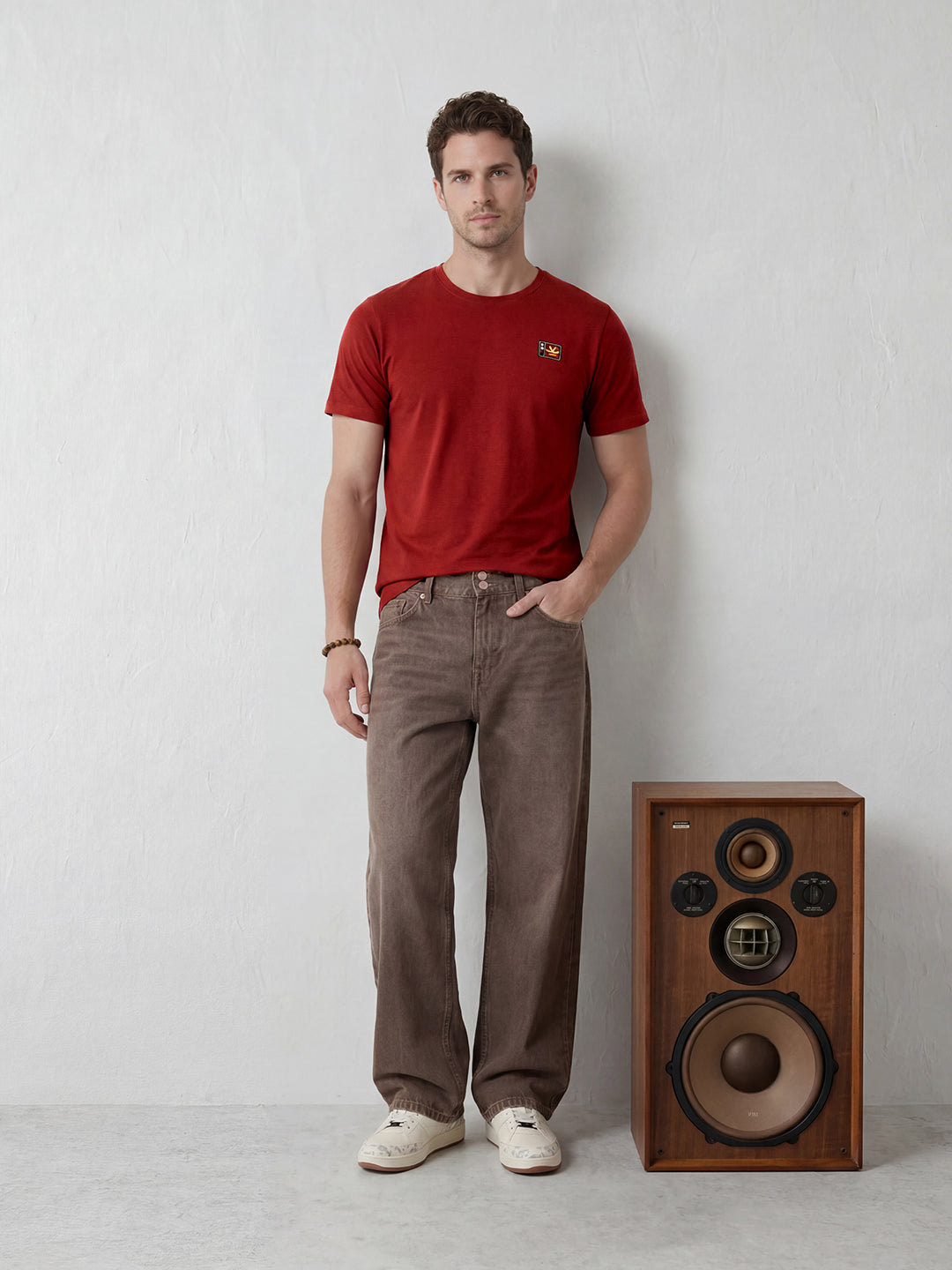 Elevated Men’s Casual Tee with Retro Graphic Embroidery | Red