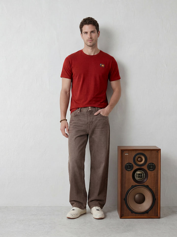 Elevated Men’s Casual Tee with Retro Graphic Embroidery | Red